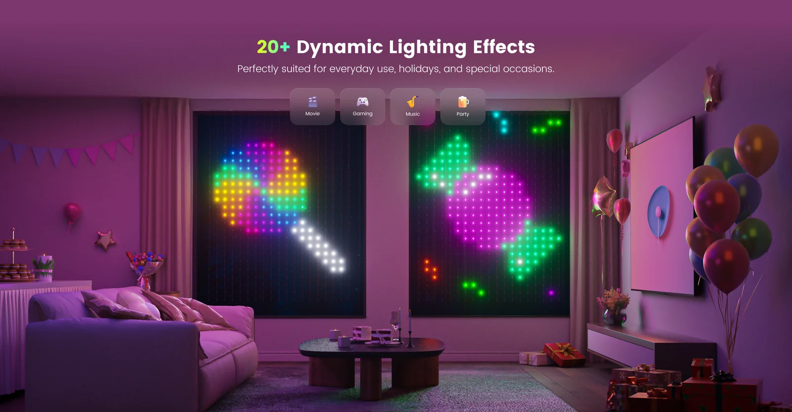 Yeelight Curtain Lights feature panel showing window mounting setup