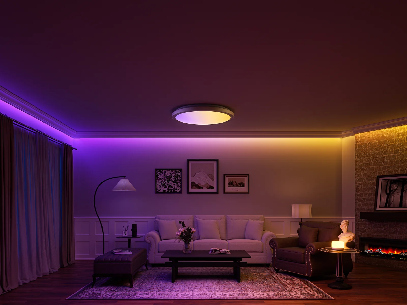 Yeelight Jupiter D RGB Ceiling Lamp showing colorful ambient living room scene