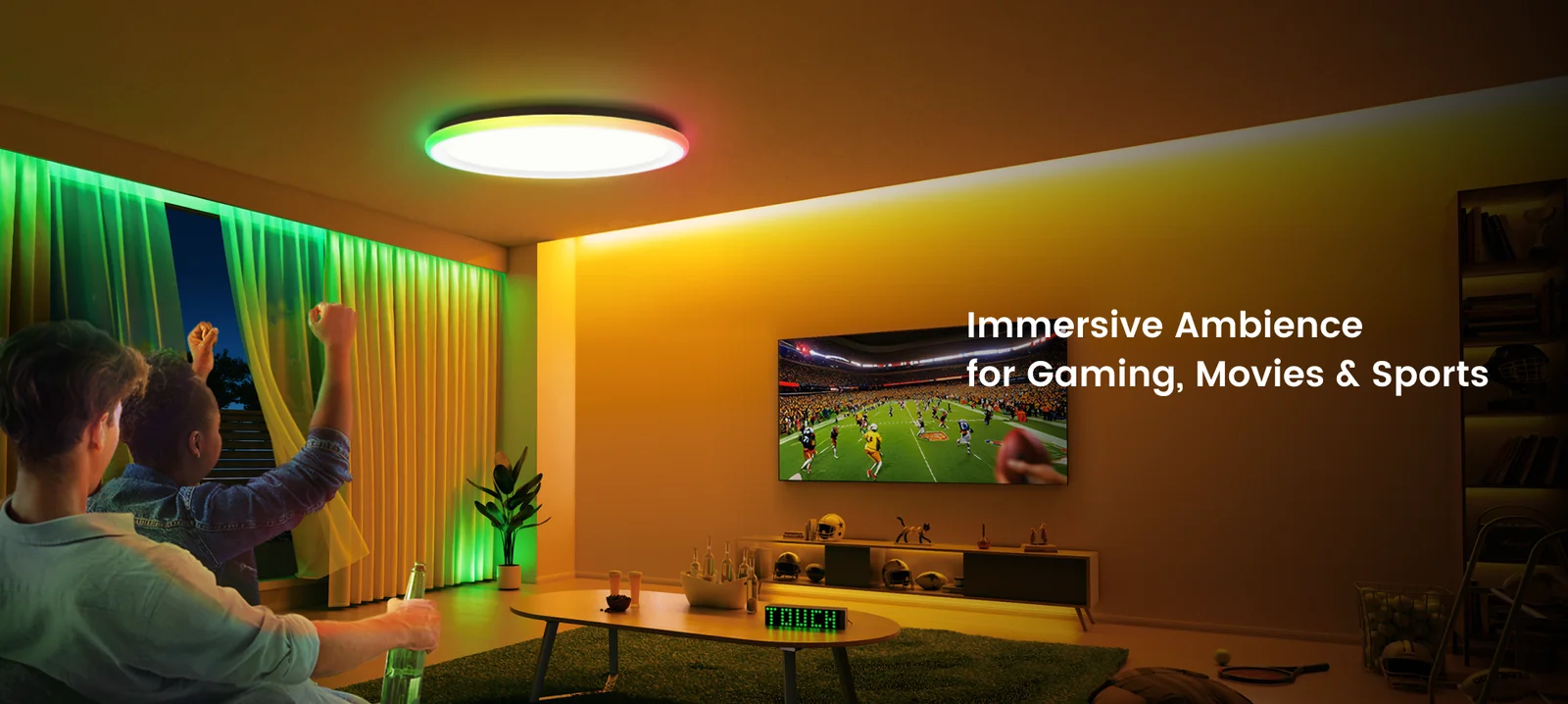 Yeelight Mars RGB Ceiling Lamp feature panel showing dimming and tuning controls