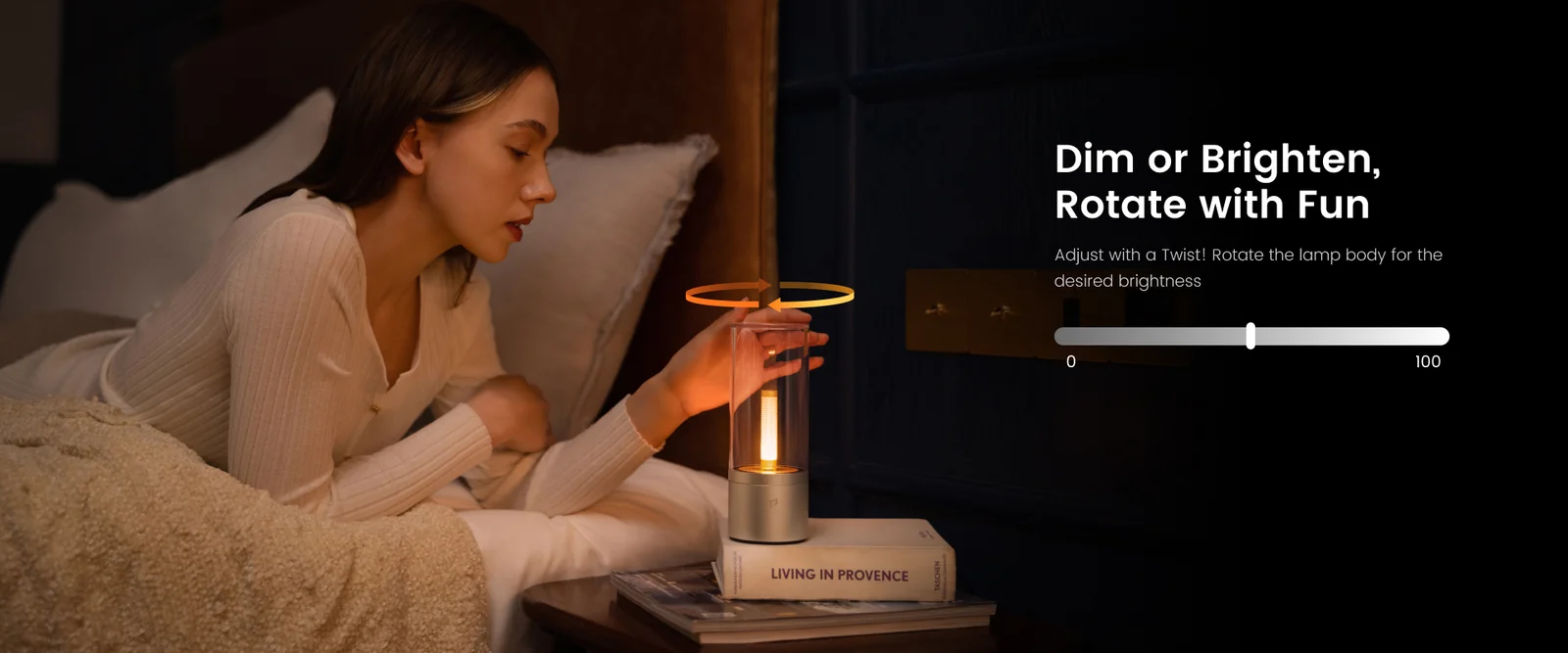 Yeelight Redbud Ambient Light Candela feature panel showing rechargeable battery operation
