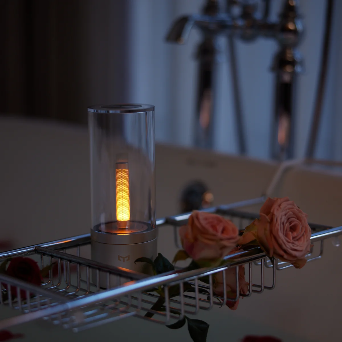 Yeelight Redbud Ambient Light Candela in lifestyle bathroom scene with roses